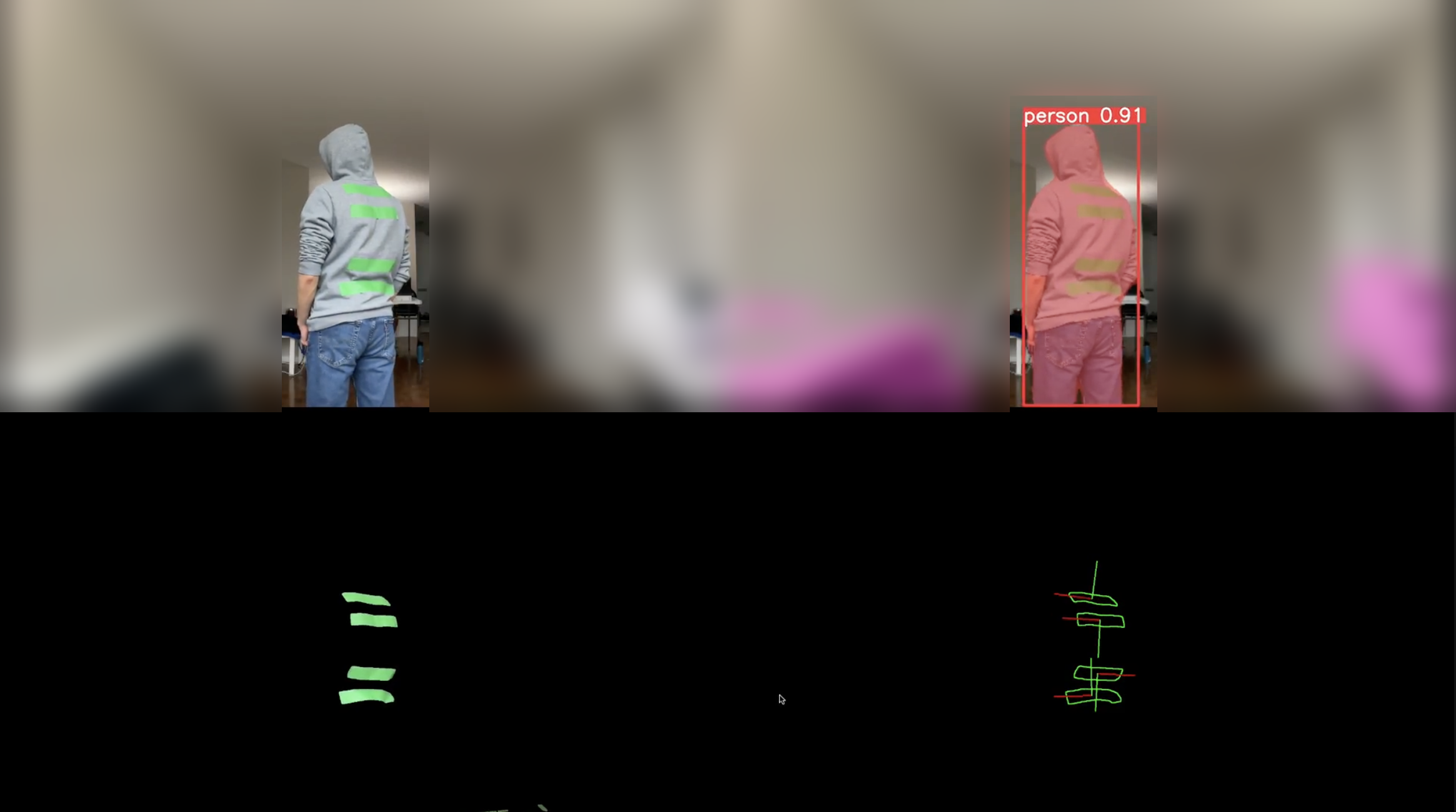 YOLO-based person and bed detection with IMU keypoint tracking overlay, room background blurred